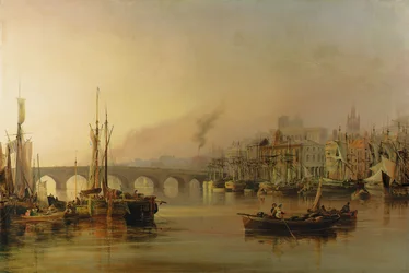 Utsikt over Newcastle fra elven Tyne, med skipsfart i forgrunnen, 1831