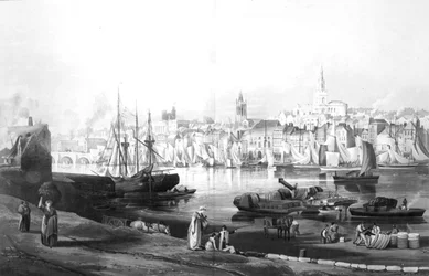 Utsikt over havnen og byen Newcastle upon Tyne, fra Rope Walk, Gateshead, gravert av Robert Havell, 1819 (gravering)