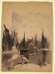 Tegning, Mirror Lake, Yosemite, 1872