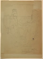 Tegning, klippetårn i Muave Canyon, Colorado, 1873