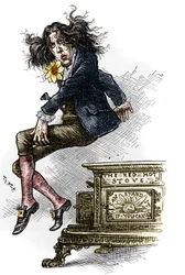 Tegneserie av Oscar Wilde (1854-1900), kledd i dandy, laget under hans reise til USA i 1882. Tegning av Thomas Nast (1840-1902) i "" Harper