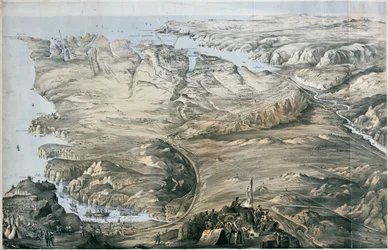 Panoramautsikt over forskansningen til de allierte hærene i England og Frankrike før Sebastopol (litografi, tonet)