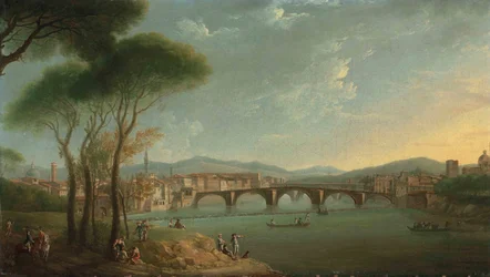 En utsikt over Arno, Firenze, fra Cascine Gardens, med figurer som fisker og hviler på steinene i forgrunnen, Ponte alla Carità og Ponte Vecchio utenfor