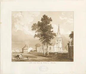 Rolleston Church: rød-sepia-tegning, 1836