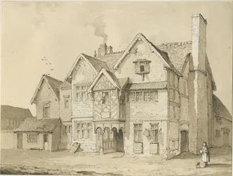 Stafford - [Old Houses in Crabbery Lane]: sepia- og penntegning