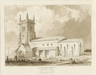 Stoke-upon-Trent kirke [gammel]: sepia-tegning, 1841