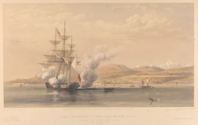 HMS Highflyer-kaptein John Moore CB amp;c. for anker utenfor Soukoum Kaleh-Abasia, Omar Pasha forlater skipet, oktober 1855