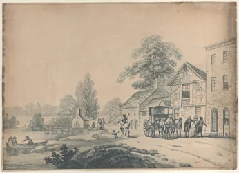 En vogn utenfor et vertshus