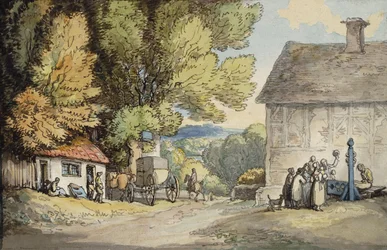 A Village Green: en vogn stanset under et tre, med en mann i aksjene og en gruppe tilskuere,