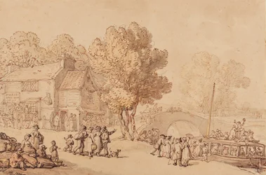 Gå ombord i en ferge, ca. 1810 (blyant, blekk, pensel og wc på papir)