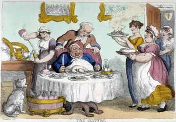 Borgerlige foran et overdådig måltid servert av mange tjenere - karikatur av Rowlandson
