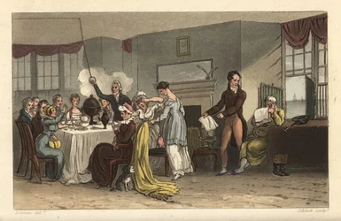Frokostrommet på Old Bell Inn, Scarborough. Gjester som drikker kaffe, leser aviser, spiser frokost i et Regency-rom. Håndfarget kobberstikk av Thomas Rowlandson, akvatint av J. Bluck, etter en skisse av J. Green fra Poetical Sketche