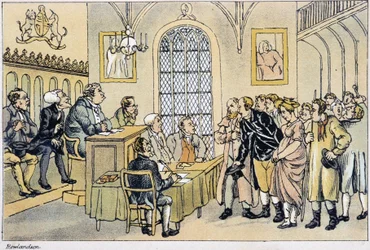 Dr. Syntax for domstolen - i "" Doctor Syntax sine tre turer på jakt etter den pittoreske trøsten og en kone"" av W. Combe, ill. av Rowlandson, London, Hotten