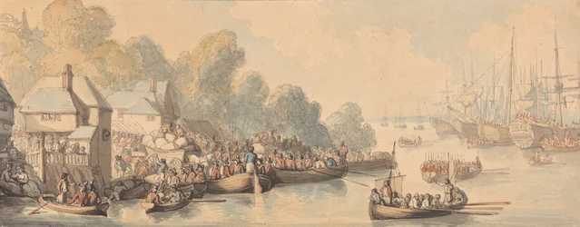 Ombordstigning i Southampton, 20. juni 1794 (akvarell og penn og brunt, grått og rødbrunt blekk over grafitt på middels, lett strukturert, kremvevd papir)