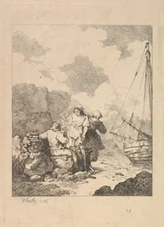 Fishermen by the Shore - Kystscene med en mann som sitter på steiner og røyker en pipe, Nex..., 1786.