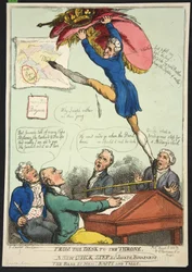 Fra skrivebordet til tronen. Et nytt raskt steg av Joseph Bonaparte. The Bass av Mrs Nappy and Talley, pub. 1808 (håndfarget gravering)