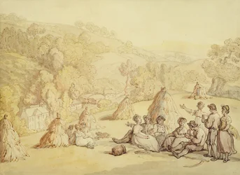 Høstmaskiner hviler på en kornåker, ca. 1805-10 (penn og blekk med vask på papir)