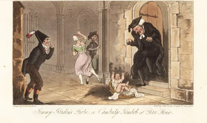 James Gordon, en beryktet Cambridge-rus, etterlater seg en baby som en spøk foran huset til en universitetsdekan. Jemmy Gordons Frolic, eller Cambridge Gambols på Peter House. Håndfarget kobberplate tegnet og gravert av Thomas Rowlandson fra The English Sp