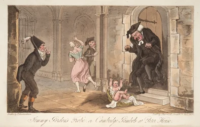 Jemmy Gordons Frolic, eller Cambridge Gambols på Peter House, fra The English Spy, pub. 1824 (håndfarget gravering)