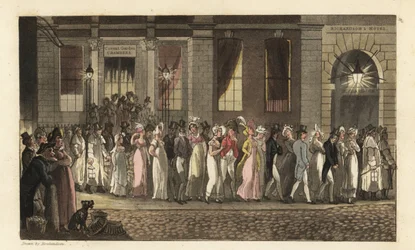 Johnny og andre festlystne arrestert av nattevakten etter en urolig dansefest i Covent Garden Chambers. Håndfarget kobberstikk av Thomas Rowlandson fra William Combes The History of Johnny Quae Genus, the Little Foundling of the late