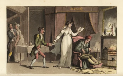 Johnny i tjeneste for gjerrigen John Squeeze og hans forsiktige niese Amelia Squeeze. Johnny tar med et glass medisin til den døende gamle mannen. Håndfarget kobberstikk av Thomas Rowlandson fra William Combes The History of Johnny Quae Genus, th