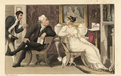Johnny avbryter en krangel mellom gjester på en fest i en regency-salong. Håndfarget kobberstikk av Thomas Rowlandson fra William Combes The History of Johnny Quae Genus, the Little Foundling of the late Doctor Syntax.