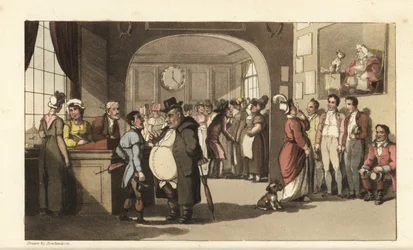 Johnny søker jobb ved et registerkontor for hushjelp. Menn og kvinner med monokler undersøker bærere, hushjelper og annet personale. Håndfarget kobberstikk av Thomas Rowlandson fra William Combes The History of Johnny Quae Genus, the Lit