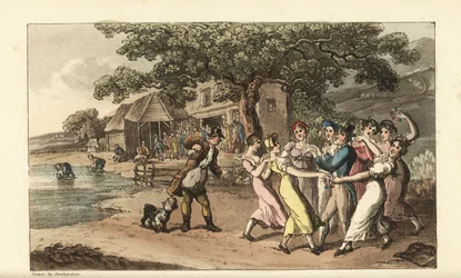 Johnny spiller sin fløyte på en saueklippefestival, omgitt av dansende countryjenter. Hyrder klipper sauer i en låve og vasker dem i en dam. Håndfarget kobberstikk av Thomas Rowlandson fra William Combes The History of Johnny Quae Gen