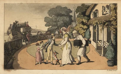 Johnny tar farvel med moren og søstrene mens han drar til Royal Navy på diligens. Håndfarget kobberstikk av W. Lest etter en illustrasjon av Thomas Rowlandson fra Alfred Burtons The Adventures of Johnny Newcombe in the Navy, Si