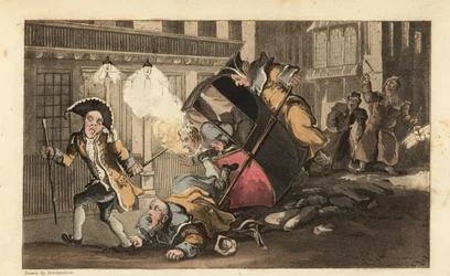 Johnny kastet ut av en sedanstol da portørene krasjet over en steinrøys på gaten. Nattevakter med lykter og rangler ankommer. Håndfarget kobberstikk av Thomas Rowlandson fra William Combes The History of Johnny Quae Genus,