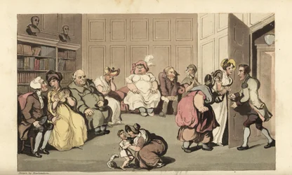Johnny med andre pasienter på kvaksalverdoktor Anodynes venterom. Håndfarget kobberstikk av Thomas Rowlandson fra William Combes The History of Johnny Quae Genus, the Little Foundling of the late Doctor Syntax.