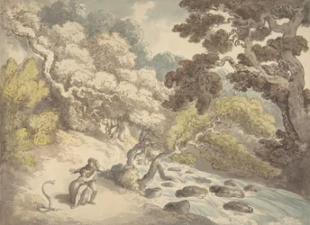 Landskap med brusende bekk og et par på bredden, skremt av en slange, 1775-1827.