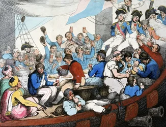 Napoleonskrigene, Egypt-kampanjen (ekspedisjonen) (1798–1801): Admiral Horatio Nelson (1758–1805) feirer med troppene sine sin strålende seier i slaget ved Nilen (slaget ved Aboukir) (august 1798), om bord på båten sin.
