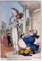 Overvektig mann som frier til en tuberkulosepasient: vatter og forbruk, tidlig på 1800-tallet (karikatur)