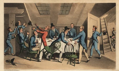 Offiserer og midtskipsmenn feirer nyheten om at kapteinen har forlatt skipet. Håndfarget kobberstikk av W. Lest etter en illustrasjon av Thomas Rowlandson fra Alfred Burtons The Adventures of Johnny Newcombe in the Navy, Simpkin, London