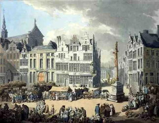 Place de Mier i Antwerpen, gravert av Wright og Schutz, pub. av Rudolph Ackermann