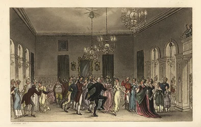 The Ball Room: fasjonable turister som danser i Scarborough Assembly Rooms. Hver gentleman som danser betaler 2s, og hver dame som drikker te betaler 1s. Håndfarget kobberstikk av Thomas Rowlandson etter en skisse av J. Green fra Poetical Sketches