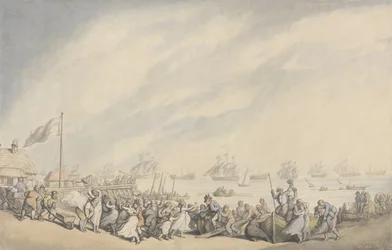 The Return of the Fleet til Great Yarmouth etter nederlendernes nederlag i 1797, ca. 1797 (penn og blekk og akvarell på papir)