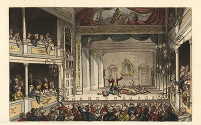 Teateret: Turister nyter et skuespill på Scarborough Theatre. Håndfarget kobberstikk av Thomas Rowlandson etter en skisse av J. Green fra Poetical Sketches of Scarborough, Ackermann, London