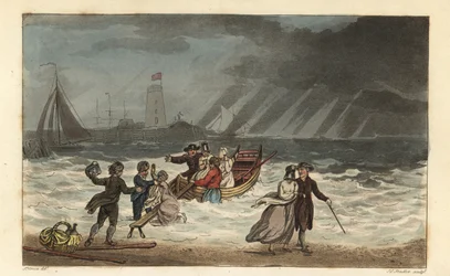 The Water Party: turister forlater en sjøreise på grunn av dårlig vær. Håndfarget kobberstikk av Thomas Rowlandson, akvatint av J.C. Stadler, etter en skisse av J. Green fra Poetical Sketches of Scarborough, Ackermann, London