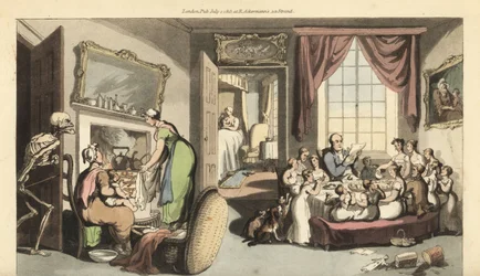 Dødens skjelett dukker opp i stuen til en stor familie for å ta et barn eller nyfødt baby. Håndfarget kobberplate tegnet og gravert av Thomas Rowlandson fra The English Dance of Death, Ackermann, London