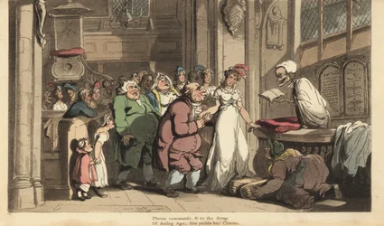 Skjelettet til Døden som prest som feirer bryllupet mellom en ung kvinne og en stygg gammel mann. Håndfarget kobberplate tegnet og gravert av Thomas Rowlandson fra The English Dance of Death, Ackermann, London