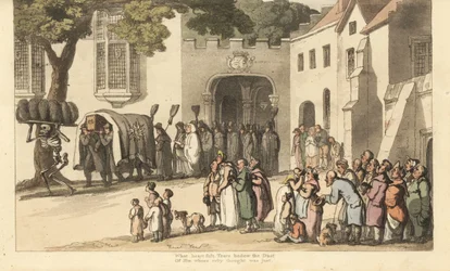 Skjelettet til Døden bærer svarte begravelsesskyer foran Lord Rolands kortege. Det gode og det store. Håndfarget kobberplate tegnet og gravert av Thomas Rowlandson fra The English Dance of Death, Ackermann, London