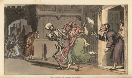 Dødens skjelett bærer av en Virago fra et hus mens en nattevakt med lykt ser på. Håndfarget kobberplate tegnet og gravert av Thomas Rowlandson fra The English Dance of Death, Ackermann, London