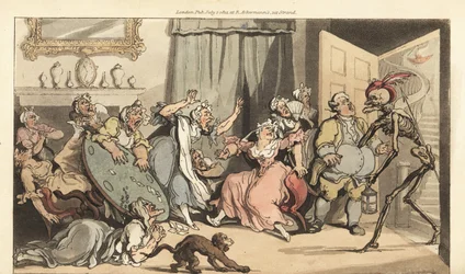 Dødens skjelett kommer for Miss Mustard, en av de gamle jomfrudamene som spiller kort i en salong. Håndfarget kobberplate tegnet og gravert av Thomas Rowlandson fra The English Dance of Death, Ackermann, London