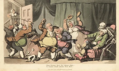 Dødens skjelett kommer etter en syk mann mens tre kvakksalvere kjemper, og en hushjelp angriper dem med sengetøy i Kammerkrigen. Håndfarget kobberplate tegnet og gravert av Thomas Rowlandson fra The English Dance of Death, Ackermann, London