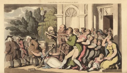 Dødens skjelett griper en far i kragen, mens hans kone og barn desperat prøver å redde ham. Håndfarget kobberplate tegnet og gravert av Thomas Rowlandson fra The English Dance of Death, Ackermann, London