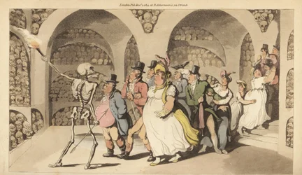 Dødens skjelett leder en gruppe turister gjennom katakombene i Paris. Håndfarget kobberplate tegnet og gravert av Thomas Rowlandson fra The English Dance of Death, Ackermann, London