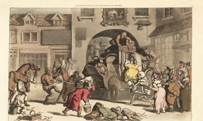 Dødens skjelett hjelper en stor matrone inn på den fatale siste scenen. Håndfarget kobberplate tegnet og gravert av Thomas Rowlandson fra The English Dance of Death, Ackermann, London