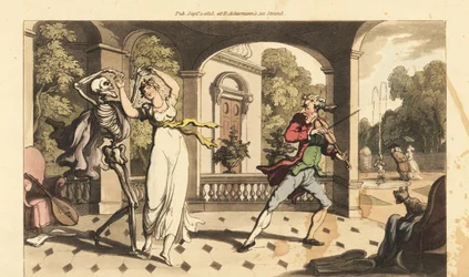 Skjelettet til Døden i en kappe danser en siste vals med skjøre Caelia, mens danselæreren hennes ser forferdet ut. Håndfarget kobberplate tegnet og gravert av Thomas Rowlandson fra The English Dance of Death, Ackermann, London